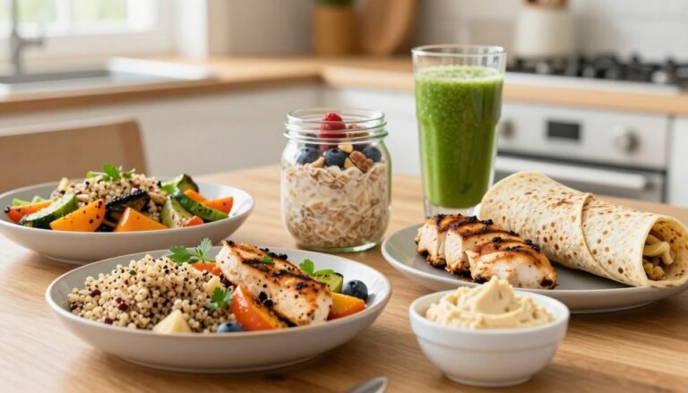 blood sugar balance foods on stone surface with vegetables and grains