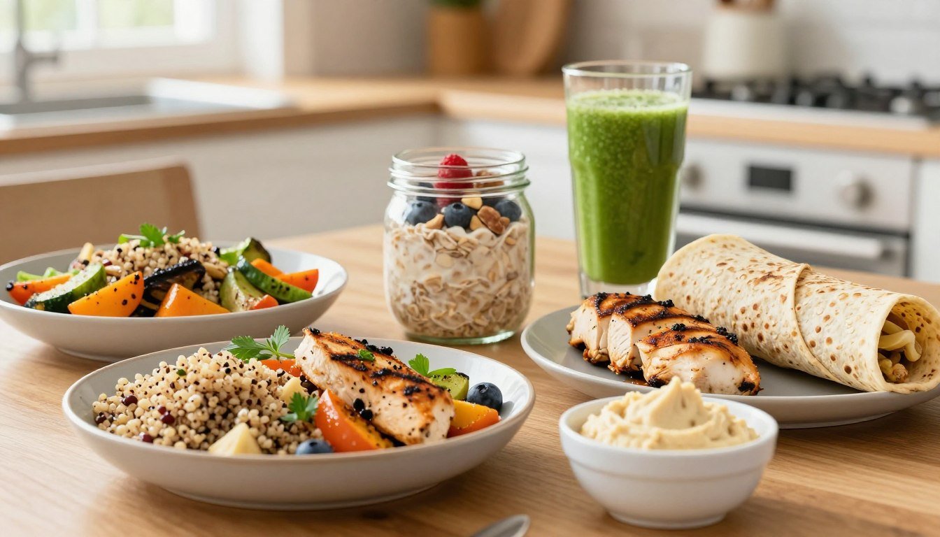 blood sugar balance foods on stone surface with vegetables and grains