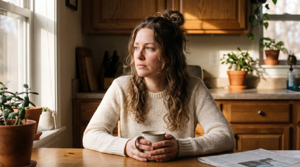 Tired woman sitting at kitchen table in the morning holding a coffee
mug, looking distracted — reflecting common symptoms of metabolic imbalance