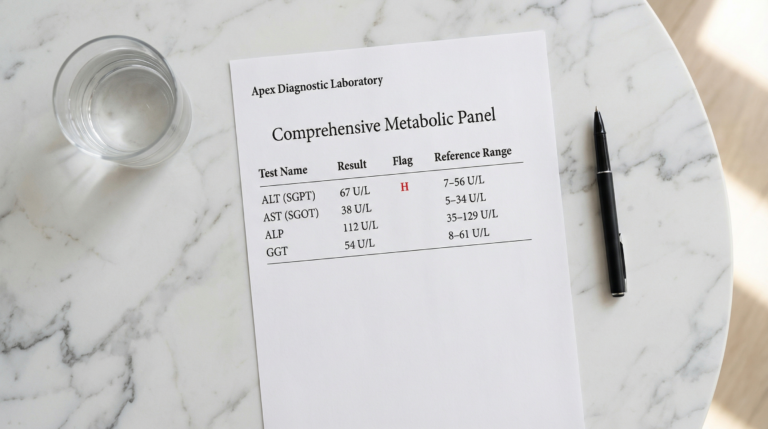 A medical lab report from Apex Diagnostics on a marble table, showing elevated ALT levels (67 U/L) highlighted in red, while AST, ALP, and GGT are within the normal range.