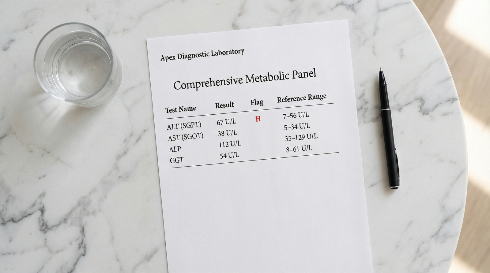 A medical lab report from Apex Diagnostics on a marble table, showing elevated ALT levels (67 U/L) highlighted in red, while AST, ALP, and GGT are within the normal range.