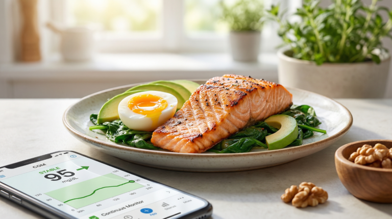 A plate of grilled salmon, avocado, and an egg next to a smartphone displaying a stable blood sugar curve in a CGM app.