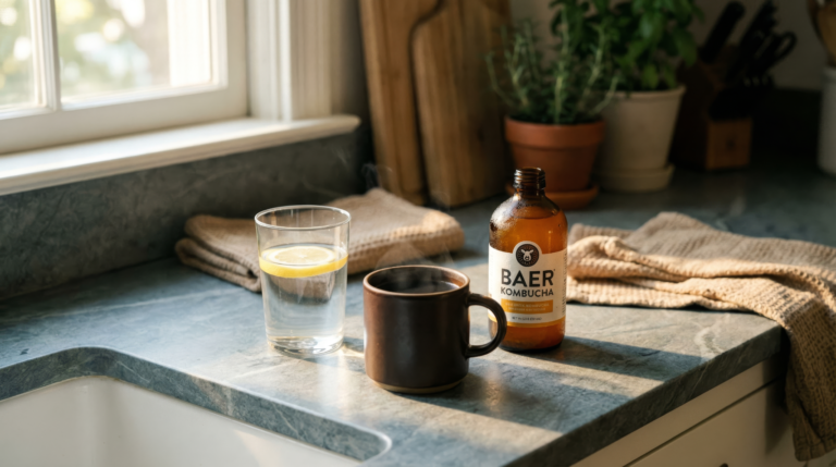 Three drinks that affect metabolic health — lemon water, black coffee in a ceramic mug, and kombucha on a stone kitchen counter