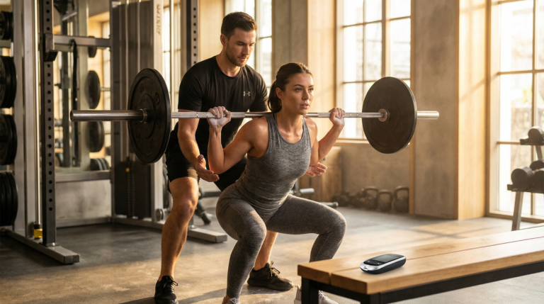 strength training for insulin resistance — A woman doing barbell squats while being assisted by a man
