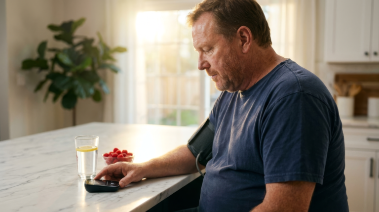 metabolic syndrome signs — adult checking waist measurement in natural light kitchen setting