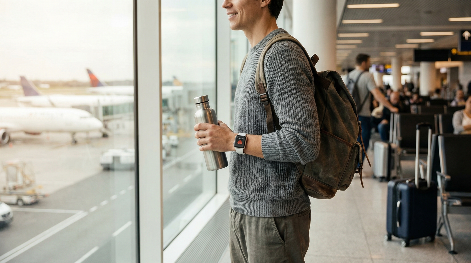 A relaxed person standing at an airport window with a smartwatch and water bottle — traveling with insulin resistance