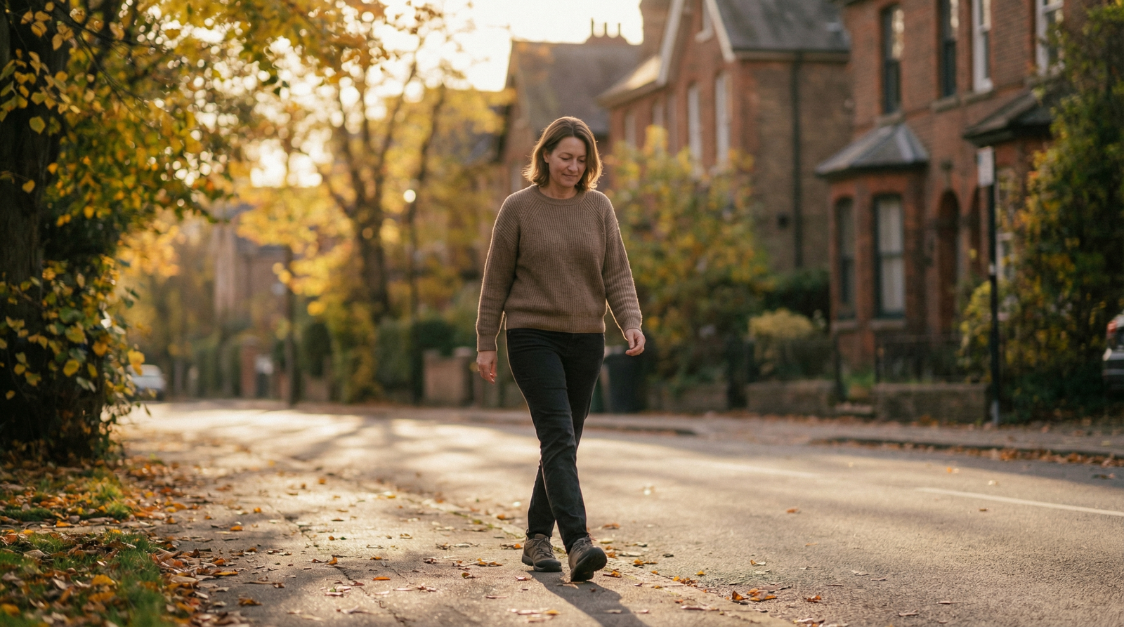 Woman taking a post-meal walk outdoors to improve insulin sensitivity