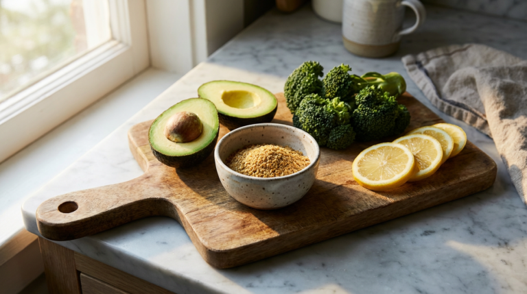 Fatty liver and estrogen balance — liver-supportive foods on a stone surface, soft natural light