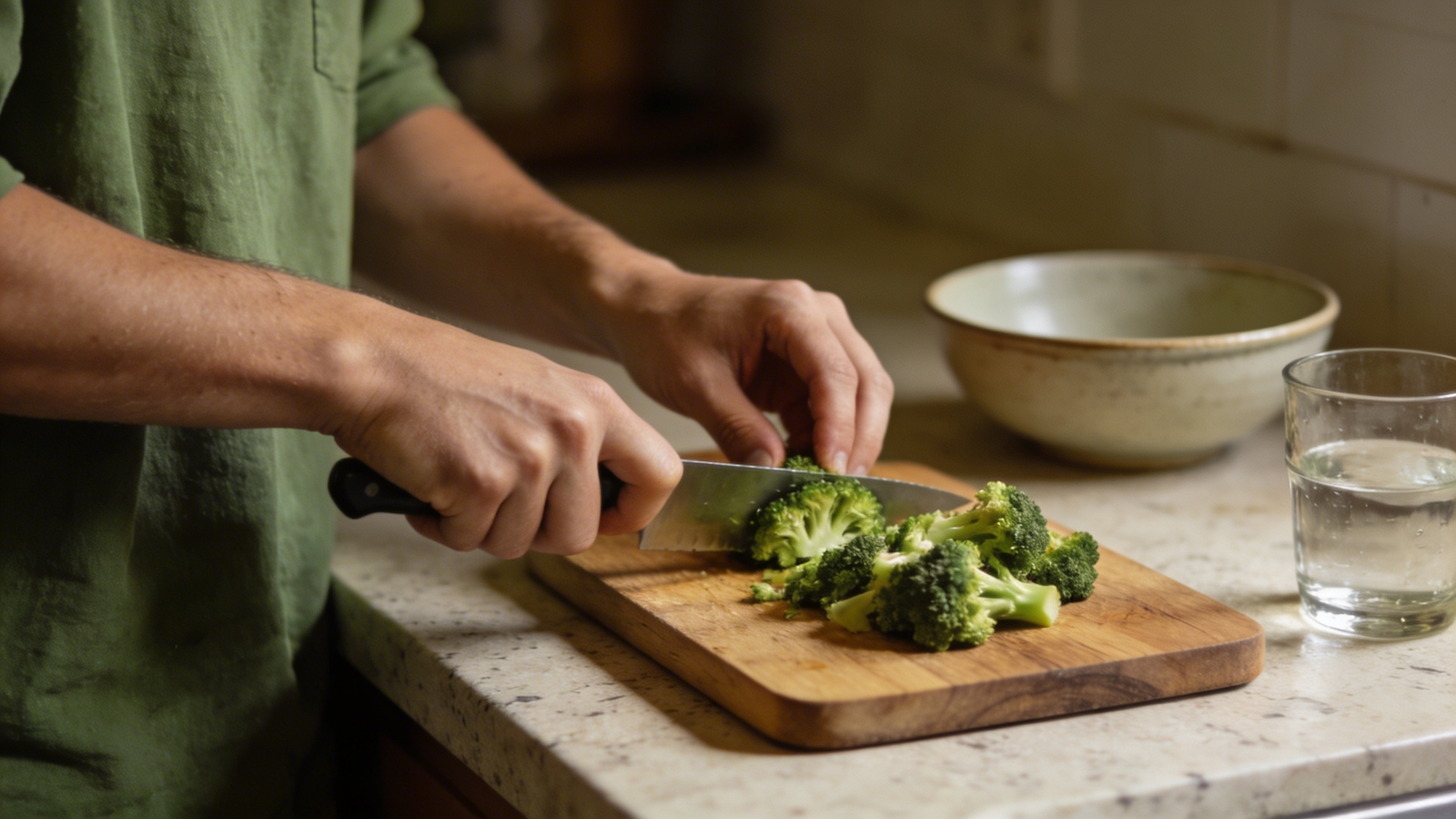 Person preparing broccoli and liver-supportive foods at a stone kitchen counter — fatty liver and estrogen balance through daily nutrition