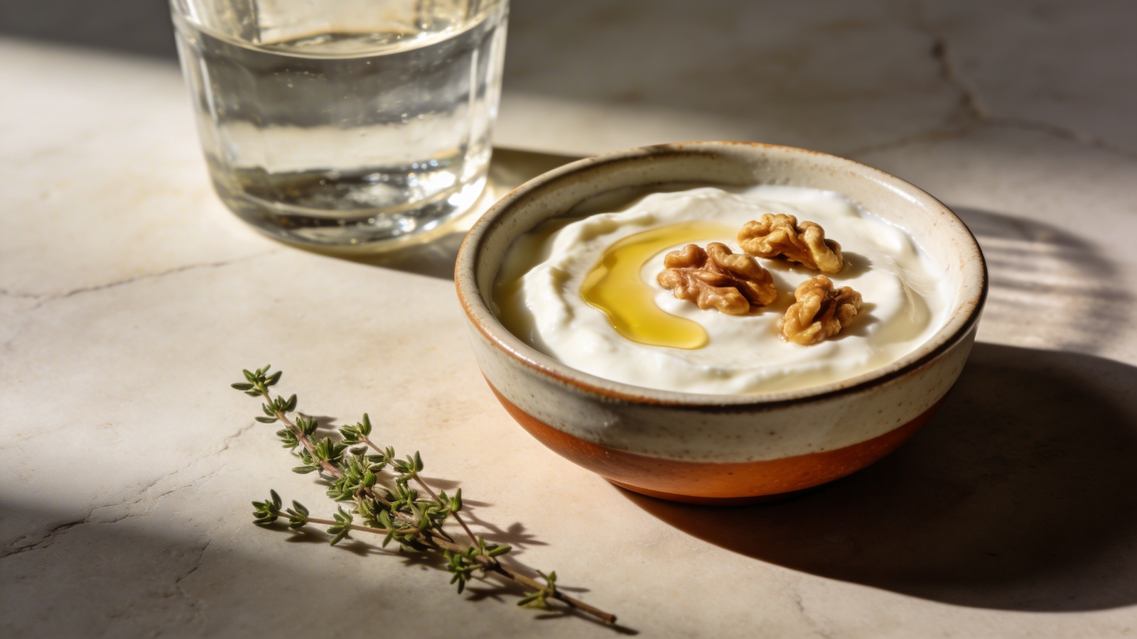 Ceramic bowl with plain yogurt, walnuts, and olive oil on a stone surface — liver-supportive breakfast supporting estrogen balance
