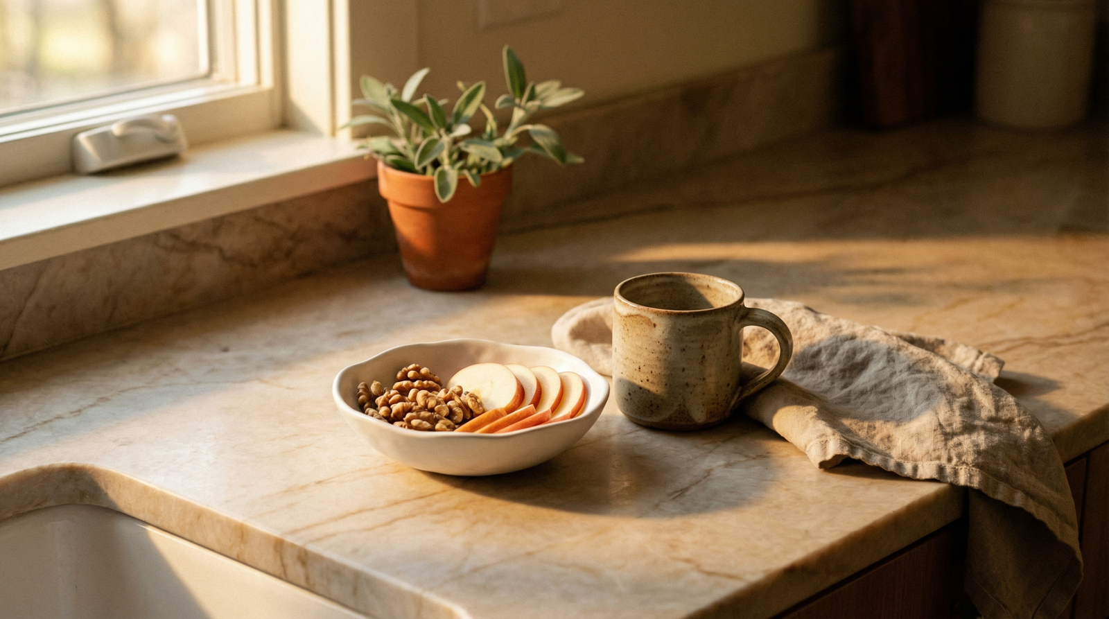 Whole food snack with walnuts and apple supporting balanced blood sugar and A1C levels