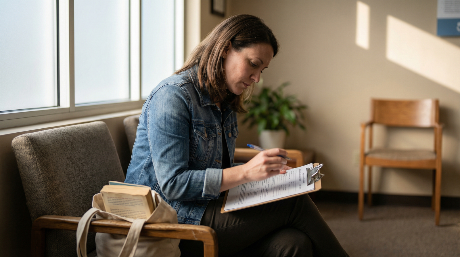 Woman in doctor's office completing lab requisition form with fasting insulin test circled — PCOS and insulin resistance diagnosis