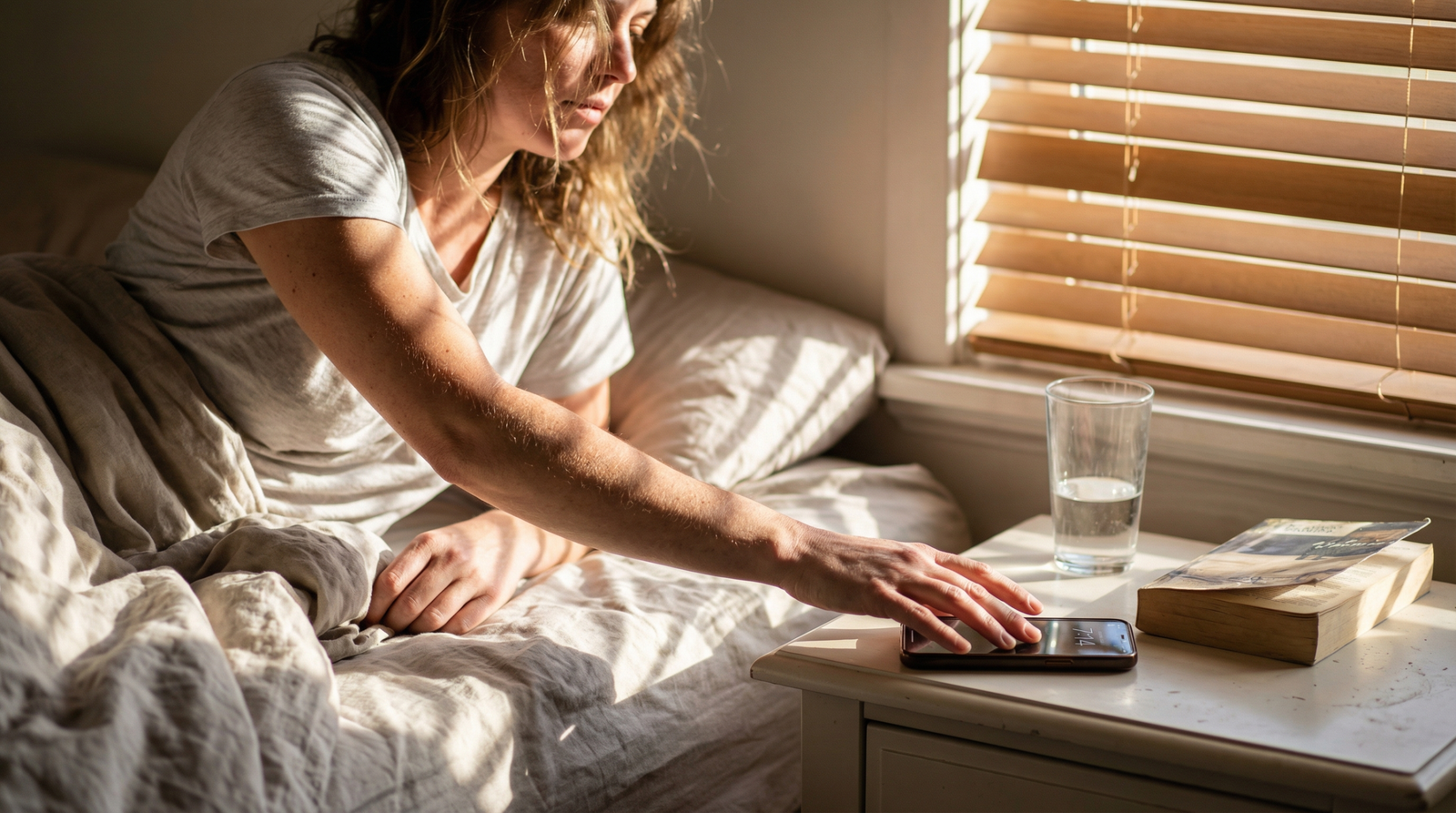 Woman turning off morning alarm — prioritizing sleep as a metabolic strategy for managing PCOS and insulin resistance