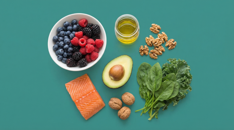 MASLD diet foods including salmon, olive oil, leafy greens, and legumes on teal background
