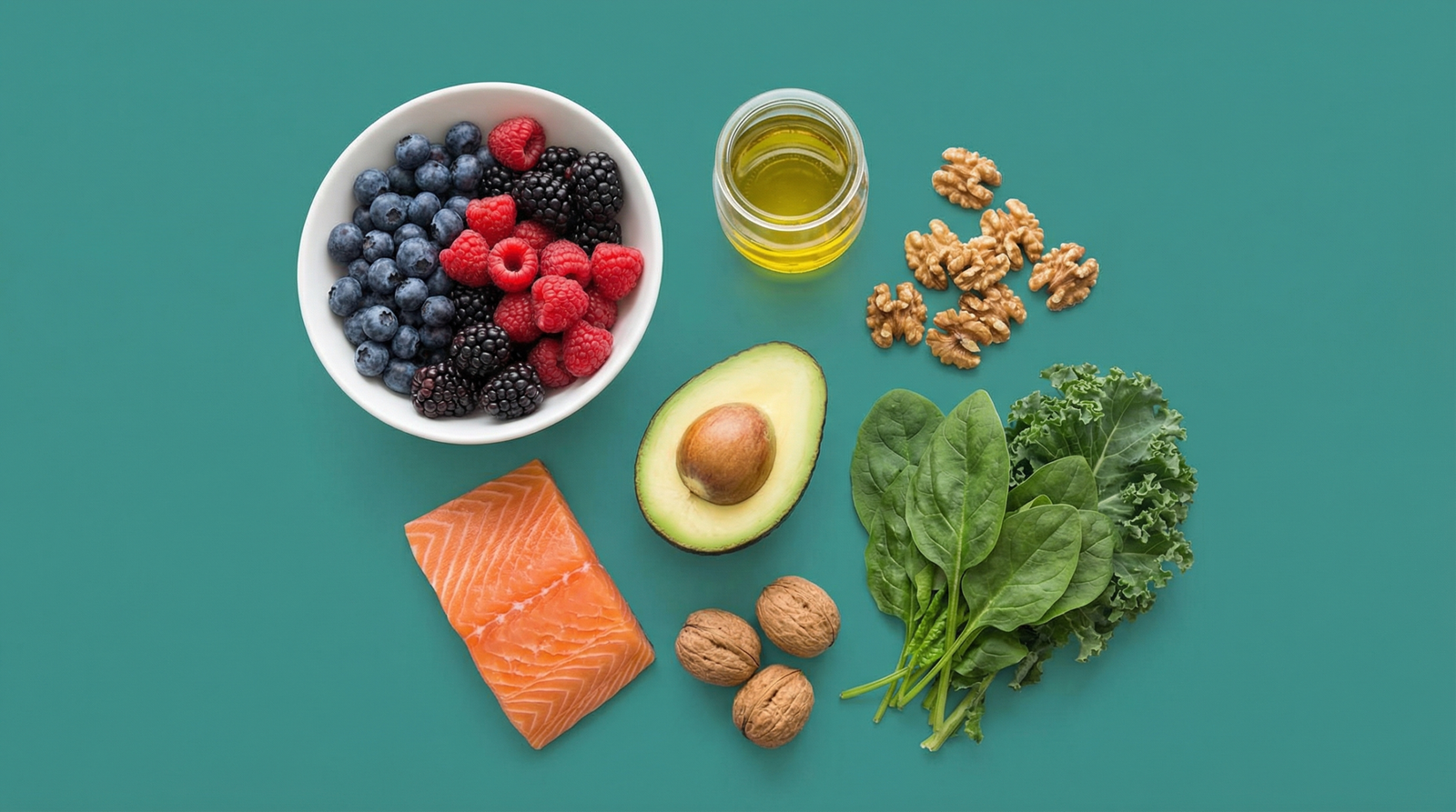 MASLD diet foods including salmon, olive oil, leafy greens, and legumes on teal background