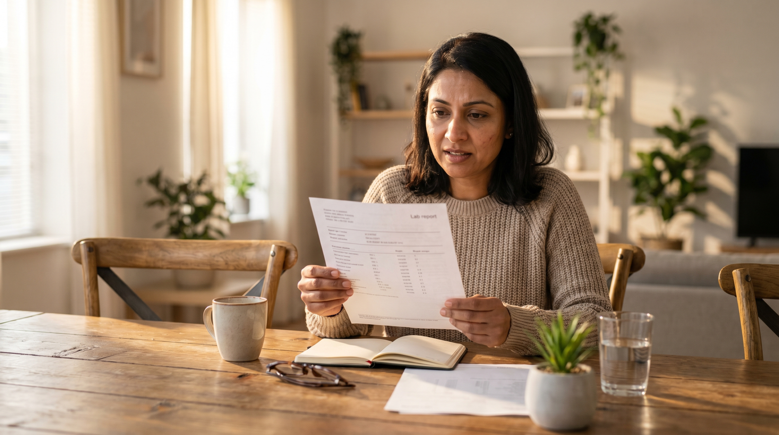 person reviewing blood test results at kitchen table with coffee cup nearby