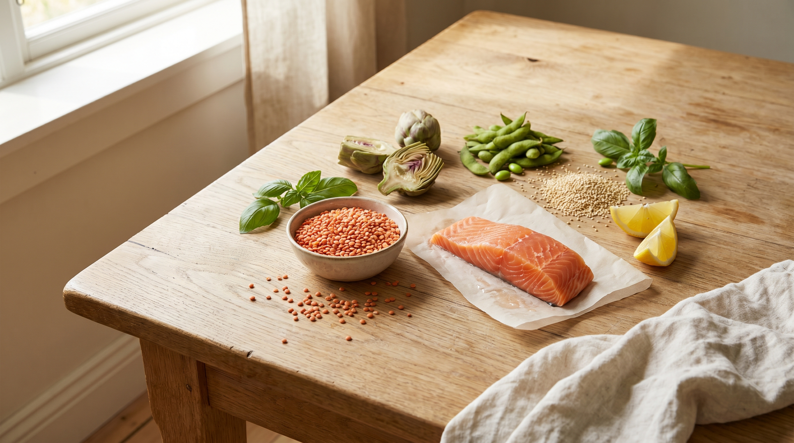 fatty liver meal plan ingredients including lentils, salmon, and colorful vegetables on a wooden surface