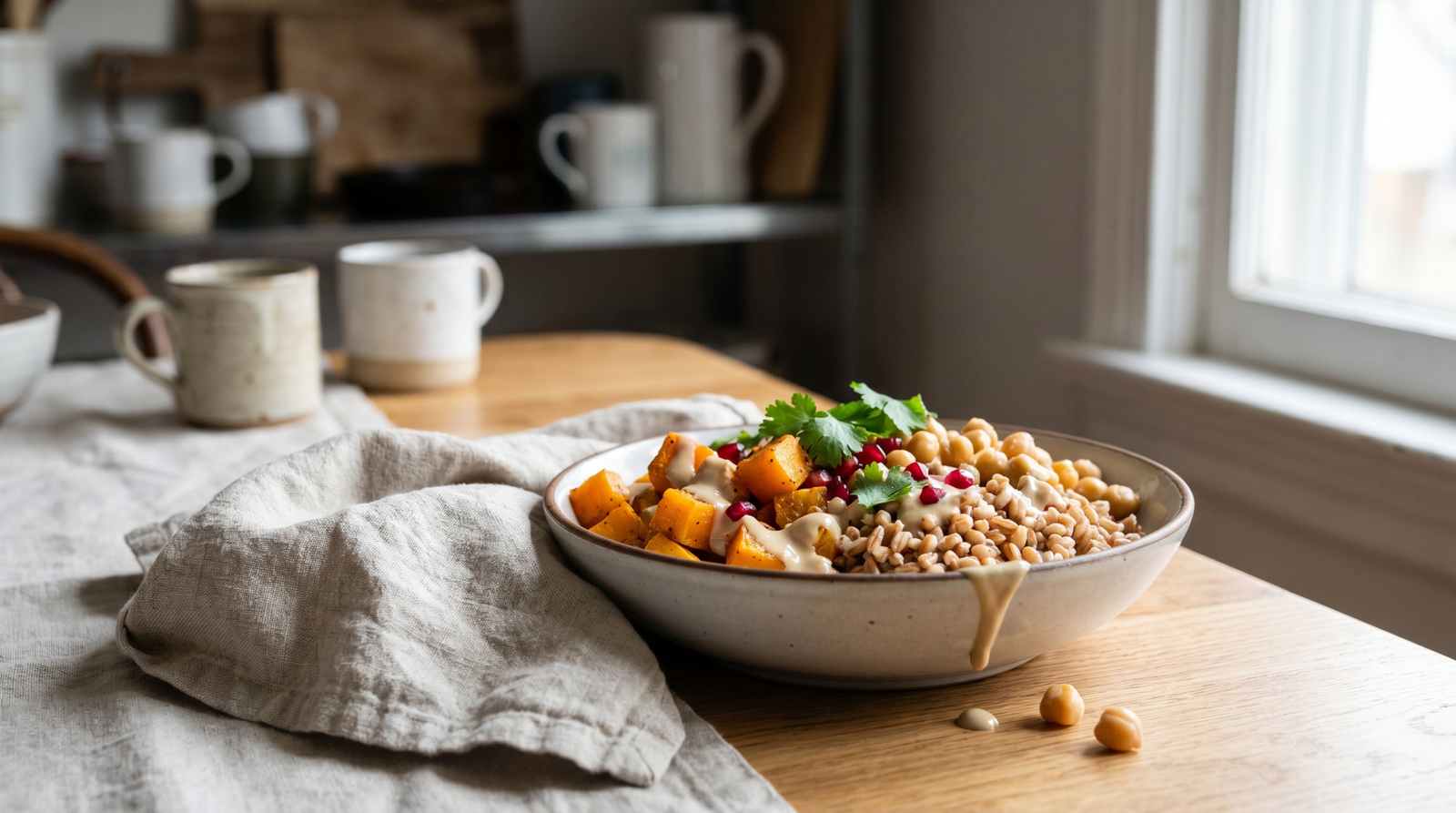 7-day fatty liver meal plan spread with grain bowls, roasted vegetables, and legumes on a dining table