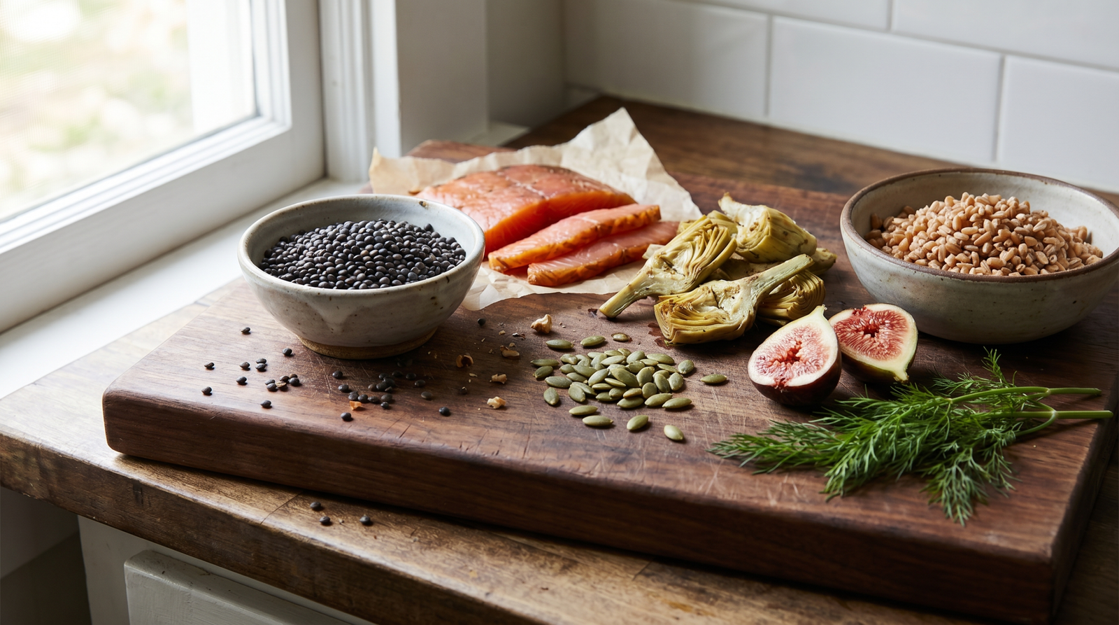 fatty liver meal plan with colorful whole foods arranged on a wooden kitchen table