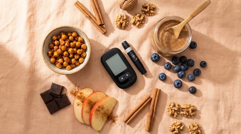 Blood sugar-friendly foods including blueberries, apple slices, cinnamon, chickpeas, and dark chocolate arranged on a warm peach surface next to a glucose meter