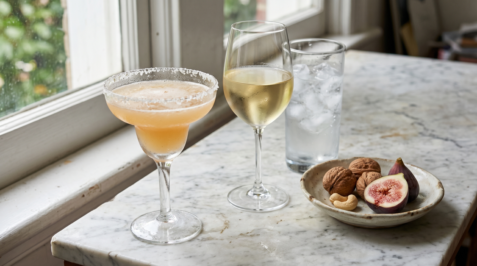 blood sugar levels and alcohol — margarita versus dry wine and water on marble surface, natural light