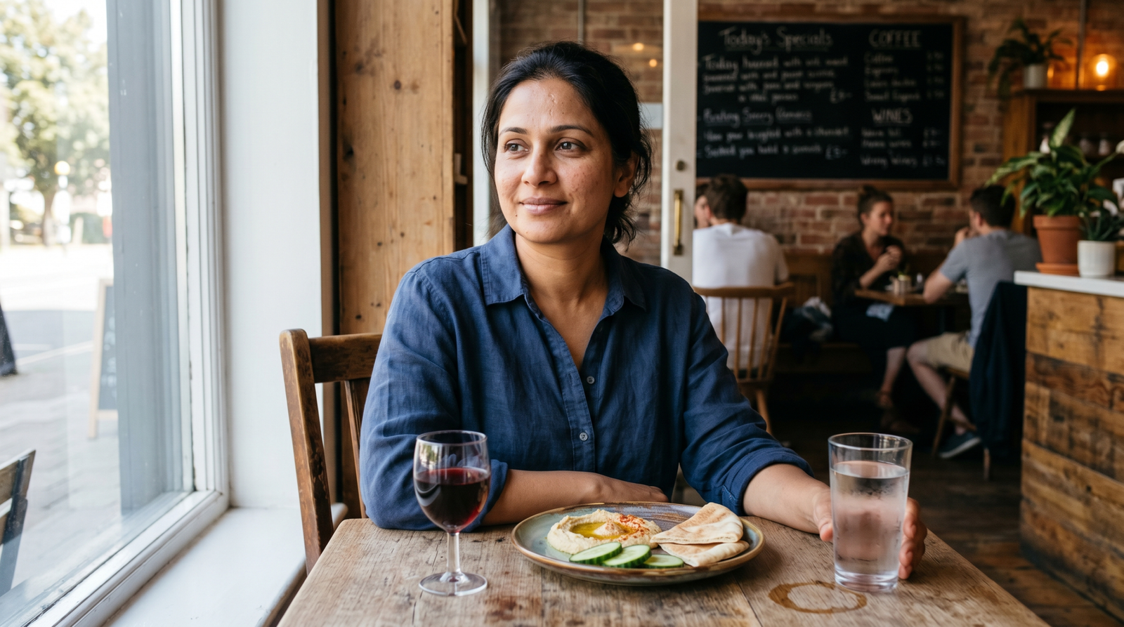 alcohol and blood sugar awareness — woman at café table with red wine water and hummus plate, natural light