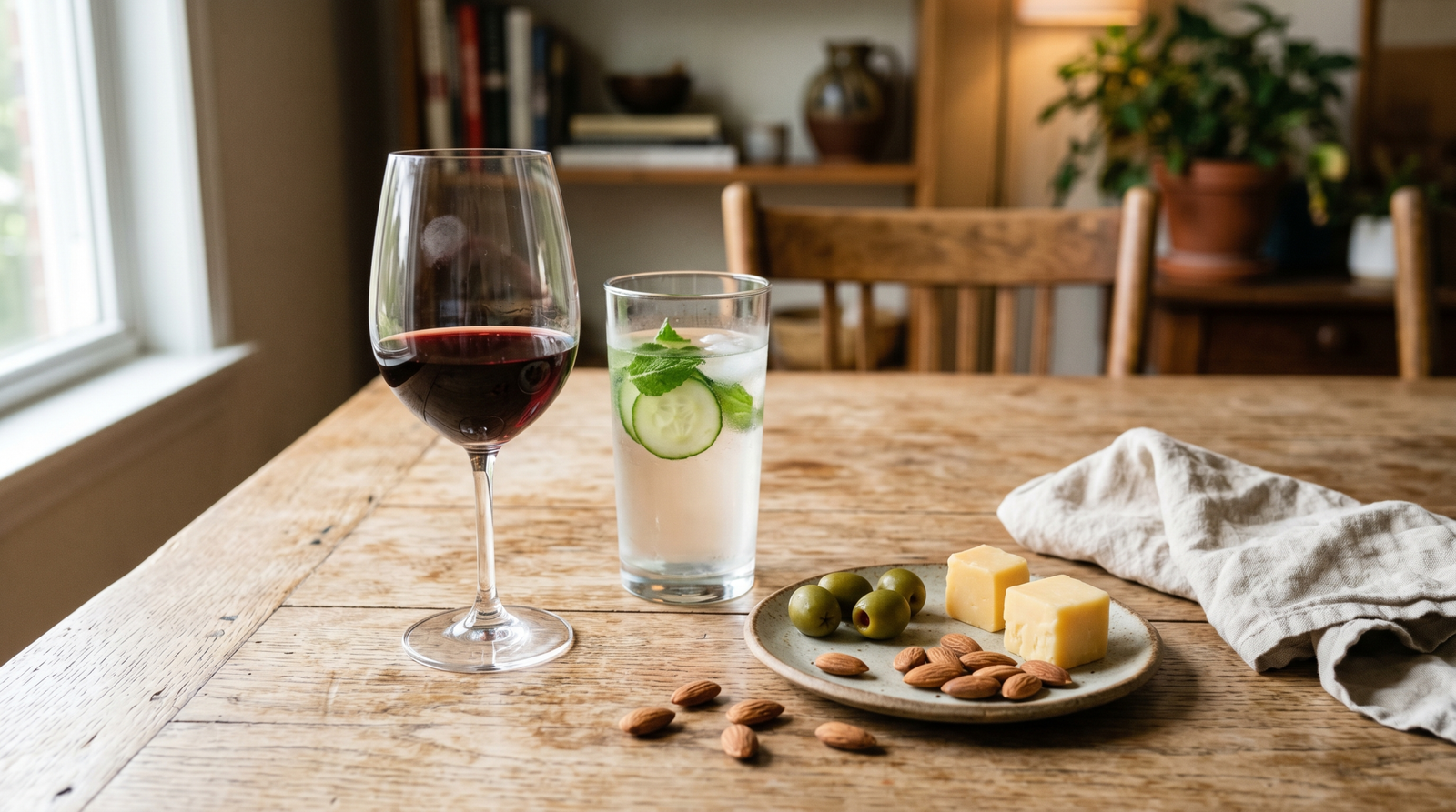 alcohol and blood sugar — dry wine and water glass on wooden dinner table, natural light