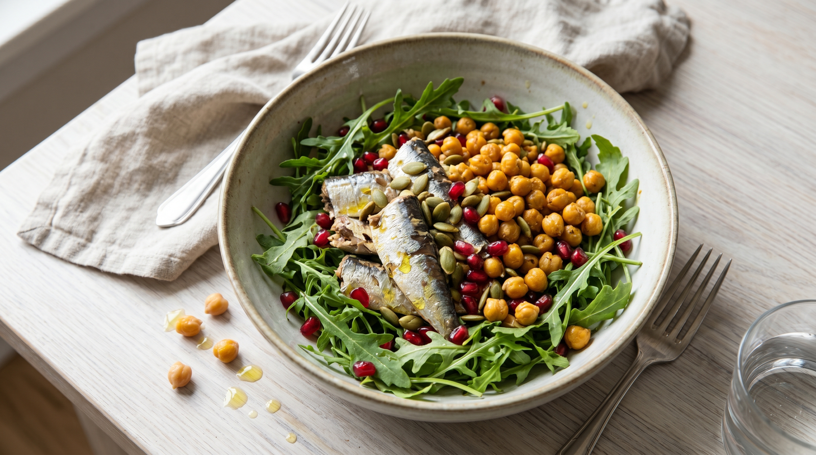 Anti-inflammatory diet meal bowl with sardines, roasted chickpeas, arugula, and olive oil dressing on a wooden table