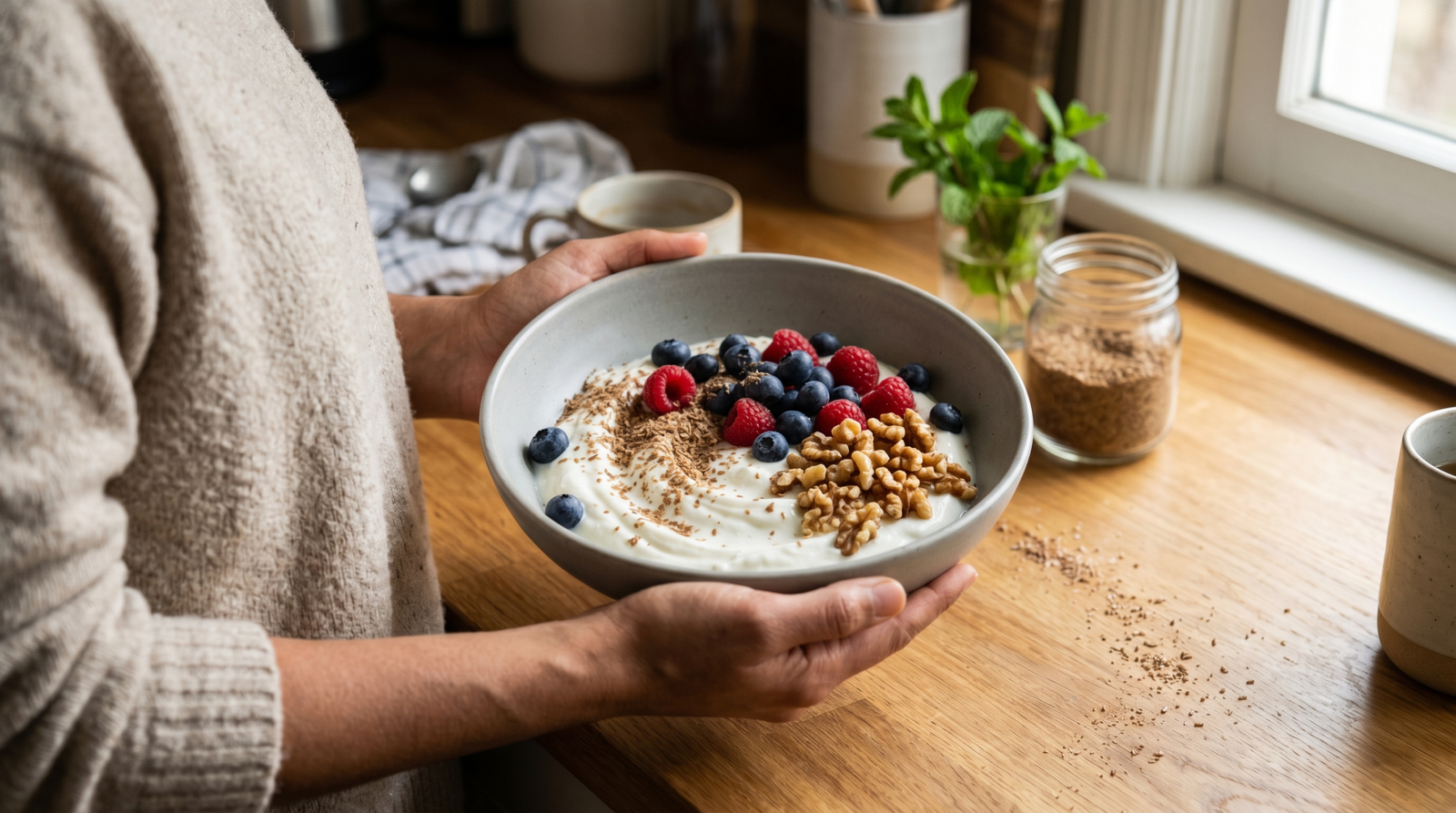 Anti-inflammatory diet breakfast with Greek yogurt, mixed berries, flaxseed, and walnuts in a bright kitchen