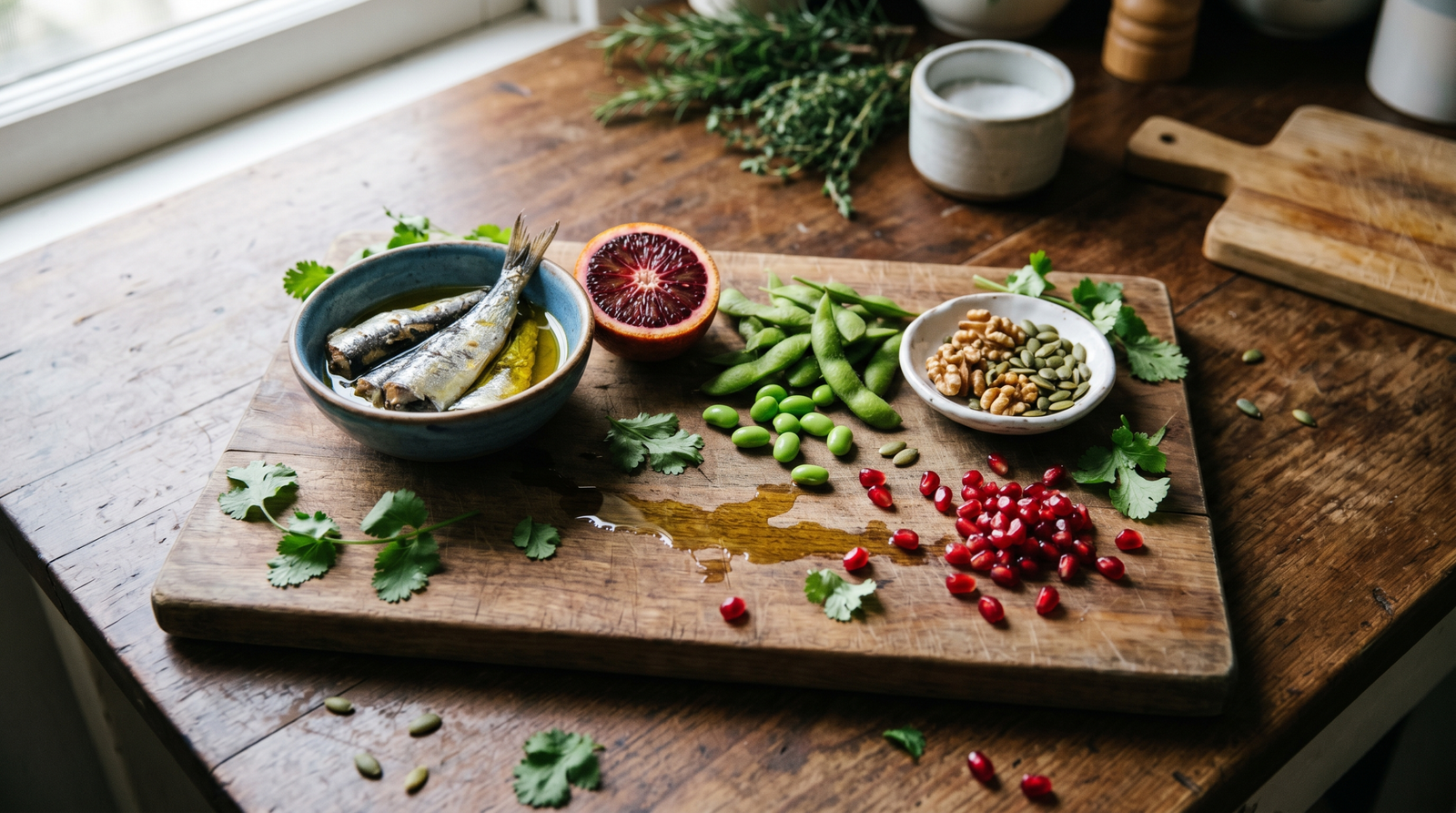 Anti-inflammatory diet foods including salmon, olive oil, berries, and leafy greens on a wooden table