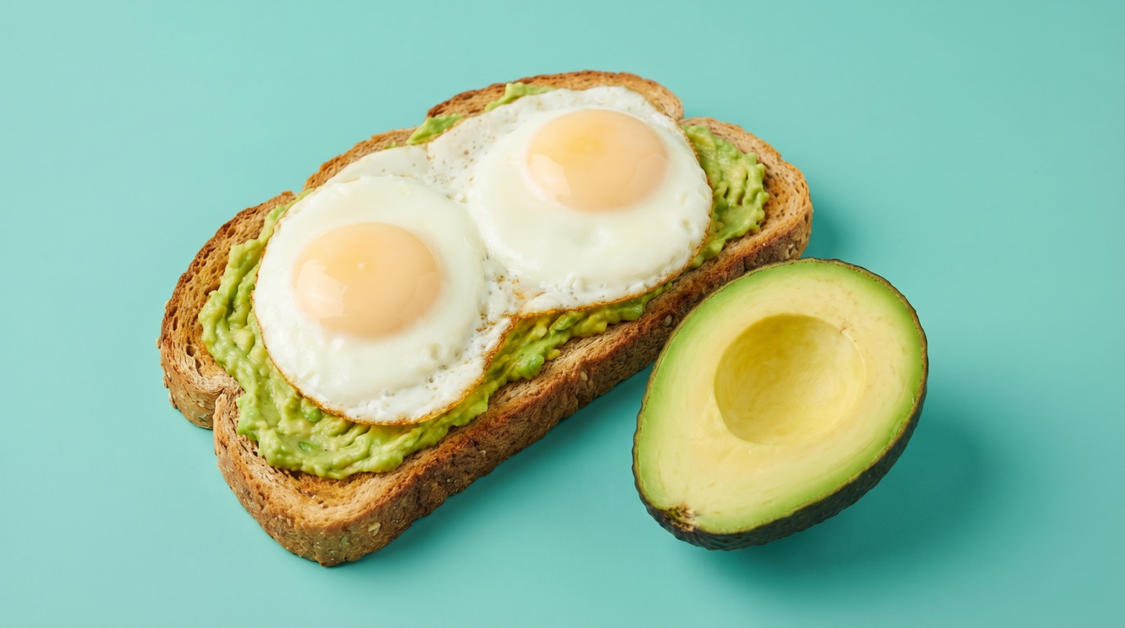 best breakfast for blood sugar — eggs and avocado toast on a teal background
