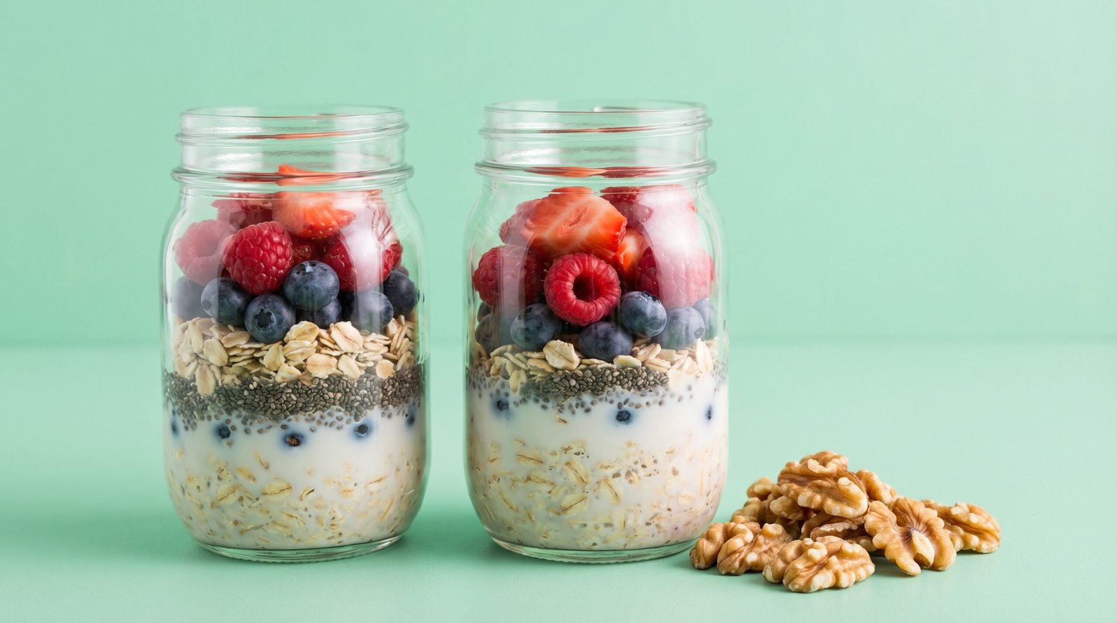 blood sugar friendly breakfast preparation — overnight oats in mason jars on a mint green background