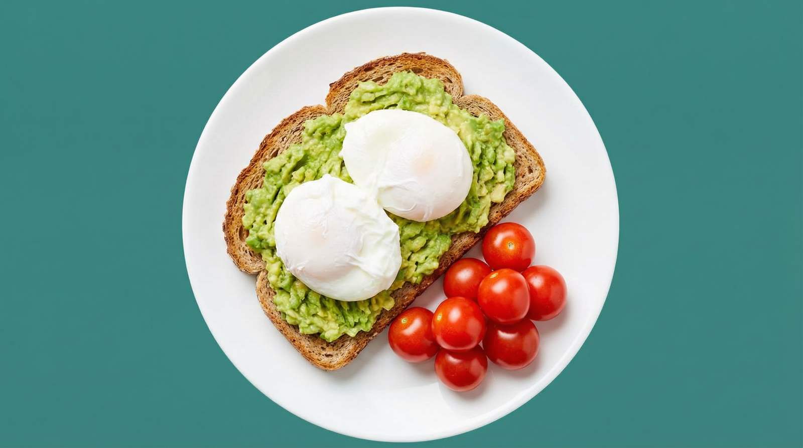 best breakfast for blood sugar — eggs avocado toast whole grain on teal background