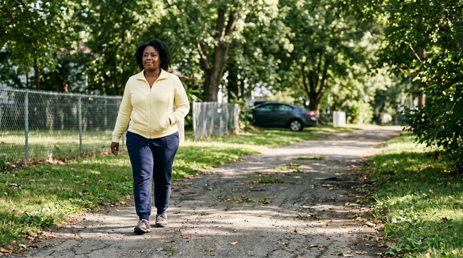Woman walking on tree-lined path after meal — consistent movement supports fatty liver reversed through lifestyle