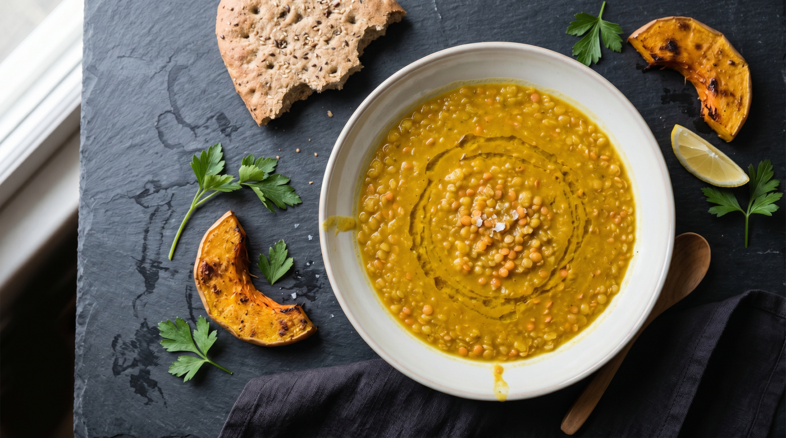 Turmeric lentil soup with roasted butternut squash — anti-inflammatory foods that support fatty liver reversed