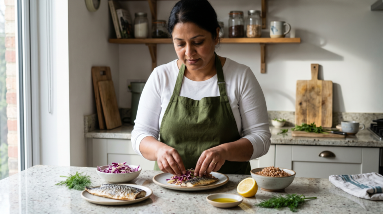 South Asian woman preparing mackerel and farro at kitchen counter — fatty liver disease reversed through diet