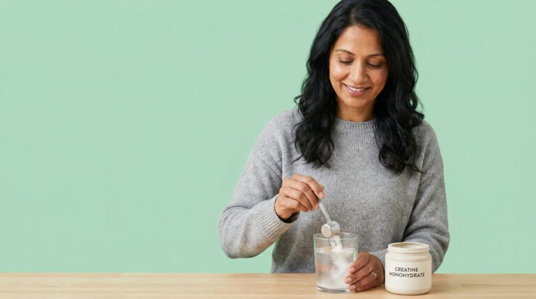 Creatine for women — South Asian woman mixing creatine powder into a glass of water as part of her morning routine