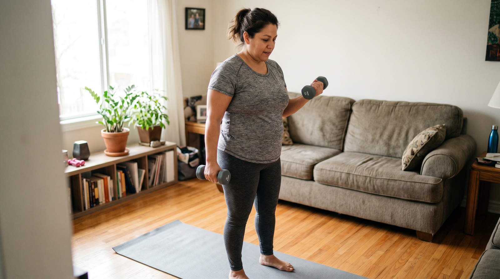 strength training for metabolic syndrome — person doing resistance exercises with dumbbells at home