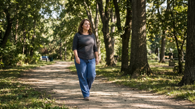exercise for metabolic syndrome — person walking outdoors on a sunlit park path, natural light