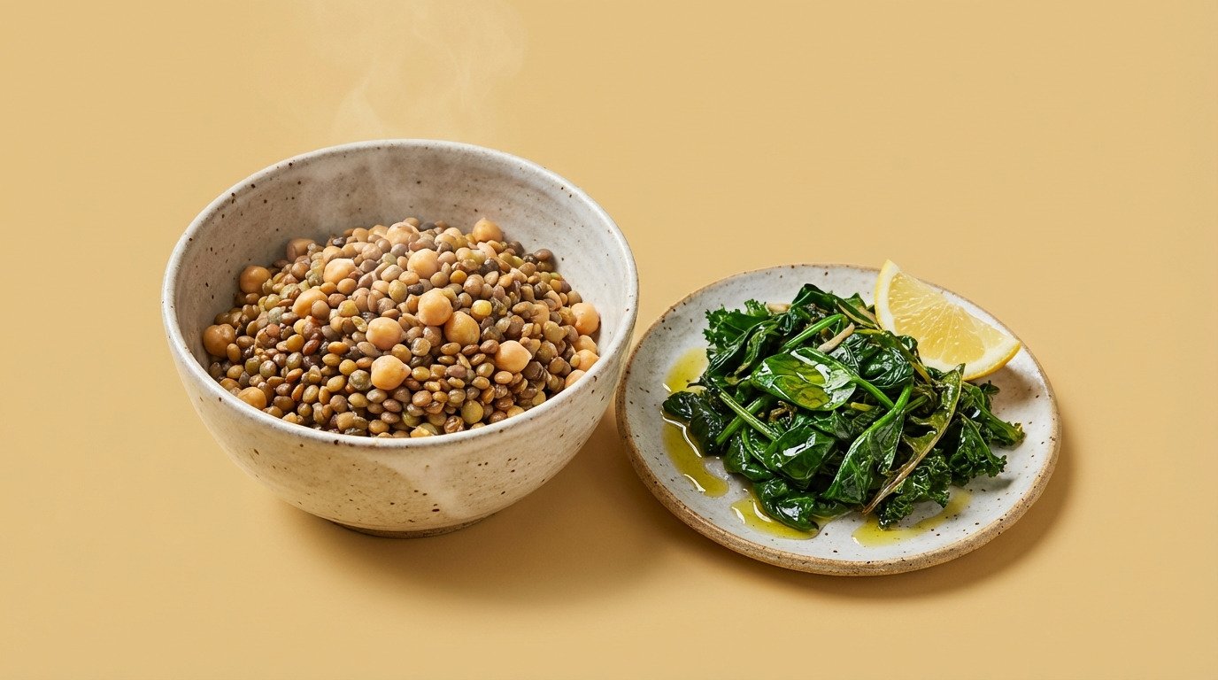 fatty liver and cholesterol — fiber-rich foods including leafy greens, legumes, and olive oil on a warm sand-colored background