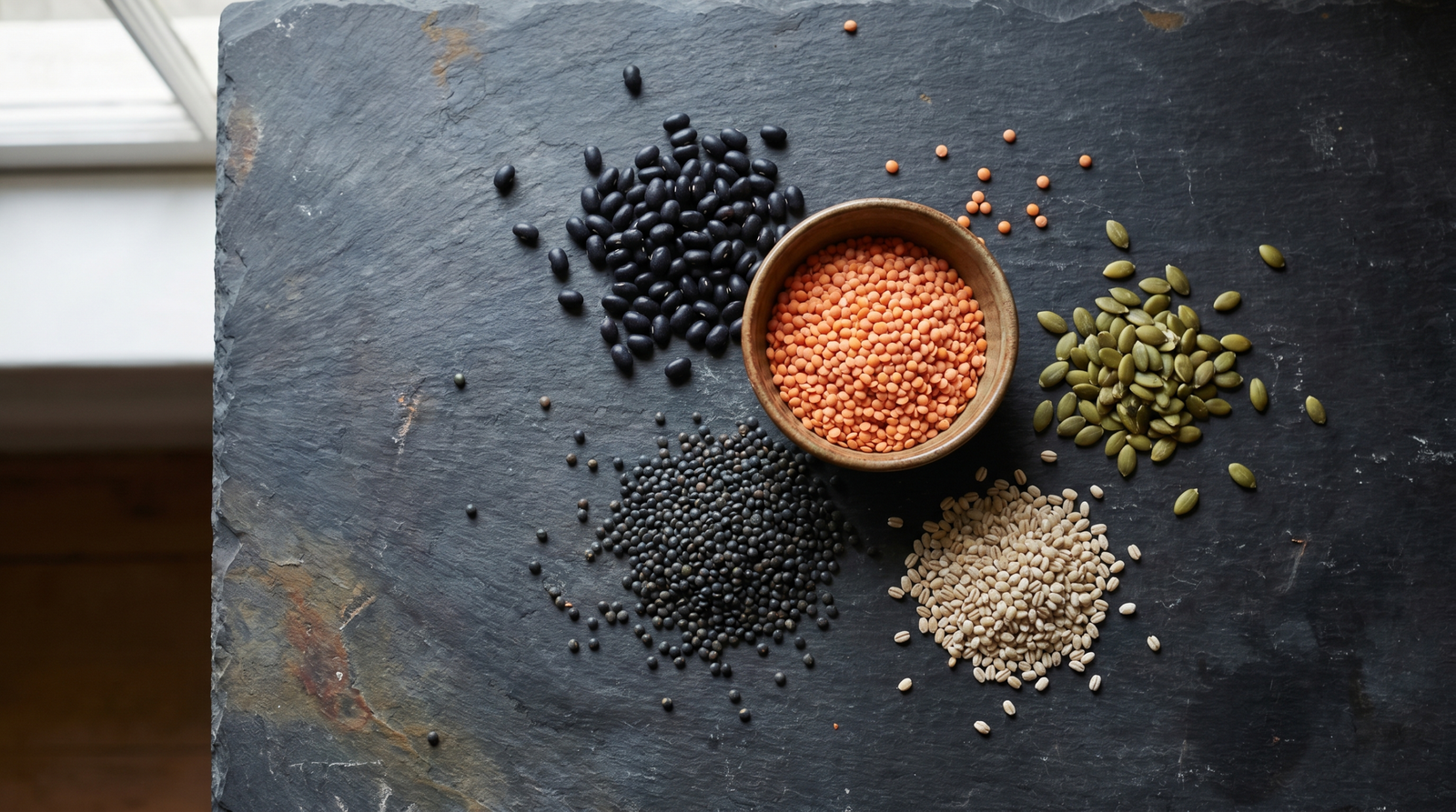 foods that lower blood sugar including lentils black beans and whole grains on a dark stone surface