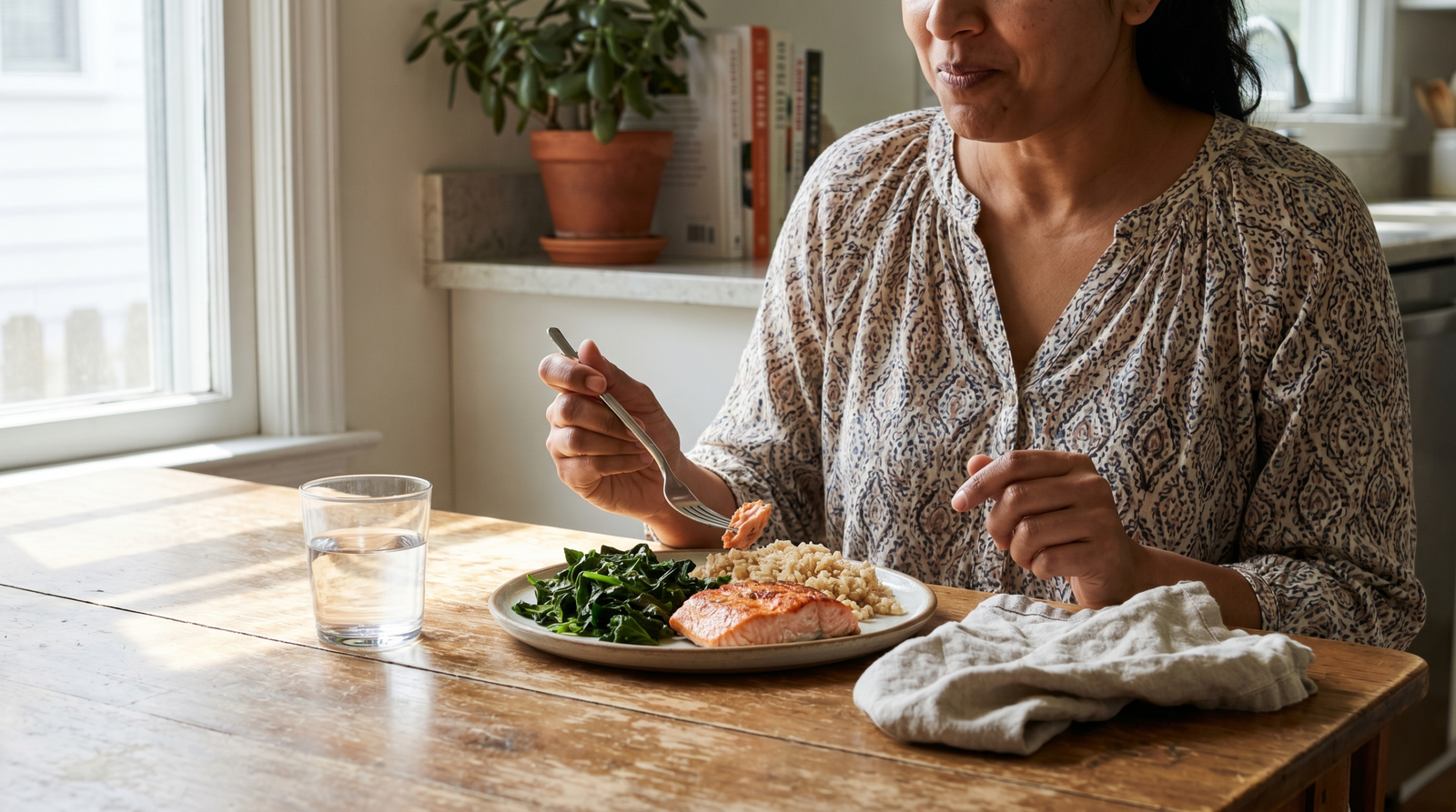 woman eating a balanced meal with foods that lower blood sugar at a bright kitchen table