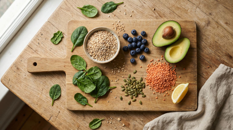 foods that lower blood sugar arranged on a wooden kitchen table with leafy greens lentils and berries