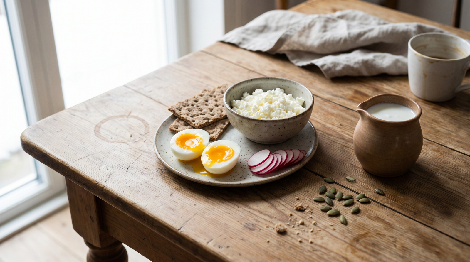 balanced protein-rich meal on a wooden dining table to reduce glucose variability through nutrient pairing