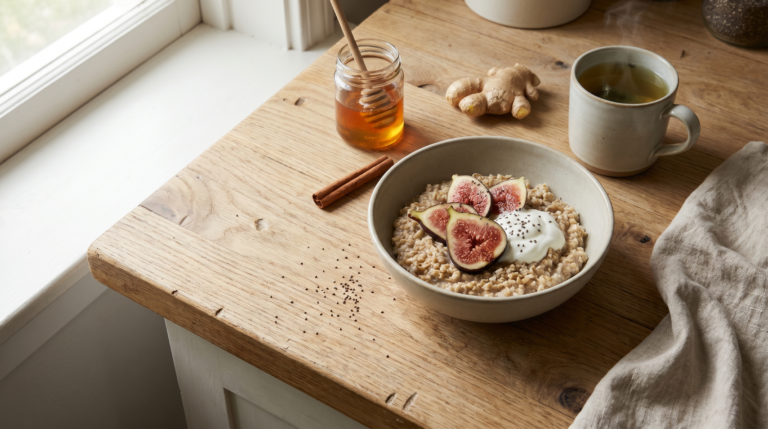 glucose variability concept showing blood sugar fluctuation pattern on a kitchen table with healthy food