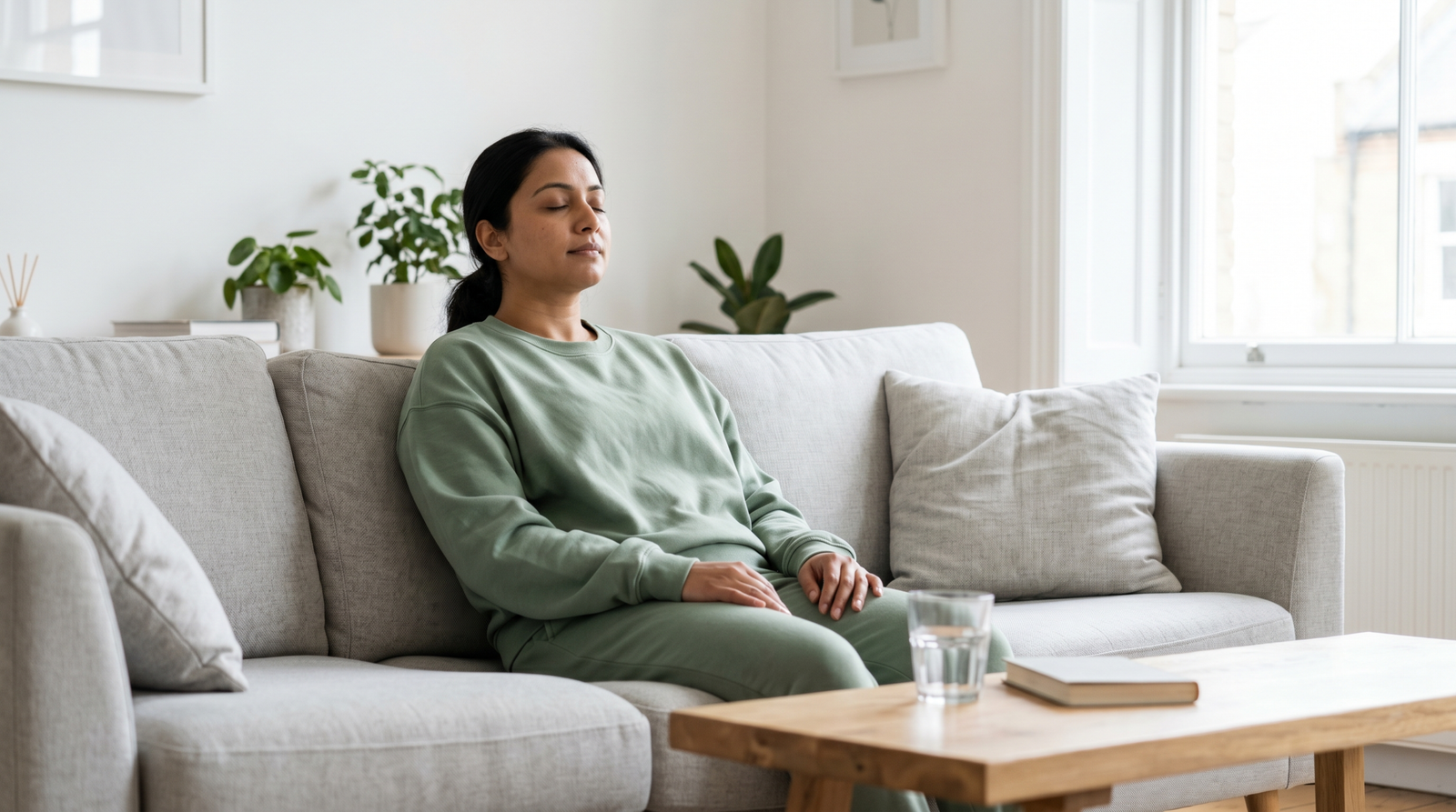 gut health and prediabetes lifestyle — woman resting at home supporting stress and sleep management