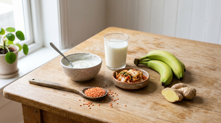 gut health and prediabetes — fermented foods including yogurt, kefir and kimchi on a wooden table