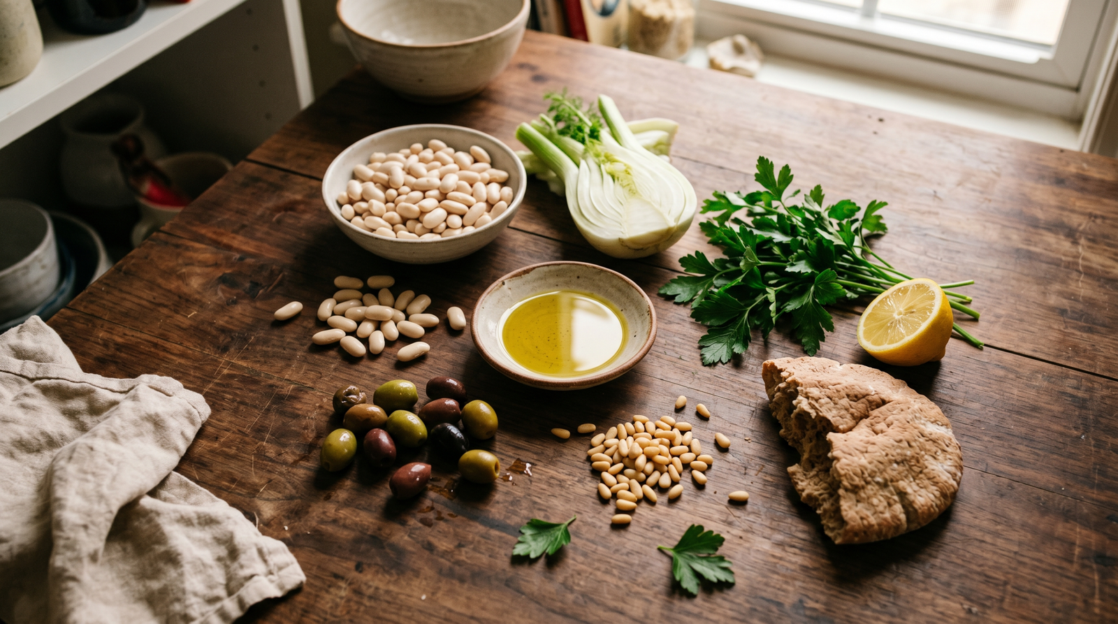 Mediterranean diet foods that support HDL cholesterol — olive oil, legumes and fresh vegetables on a wooden surface