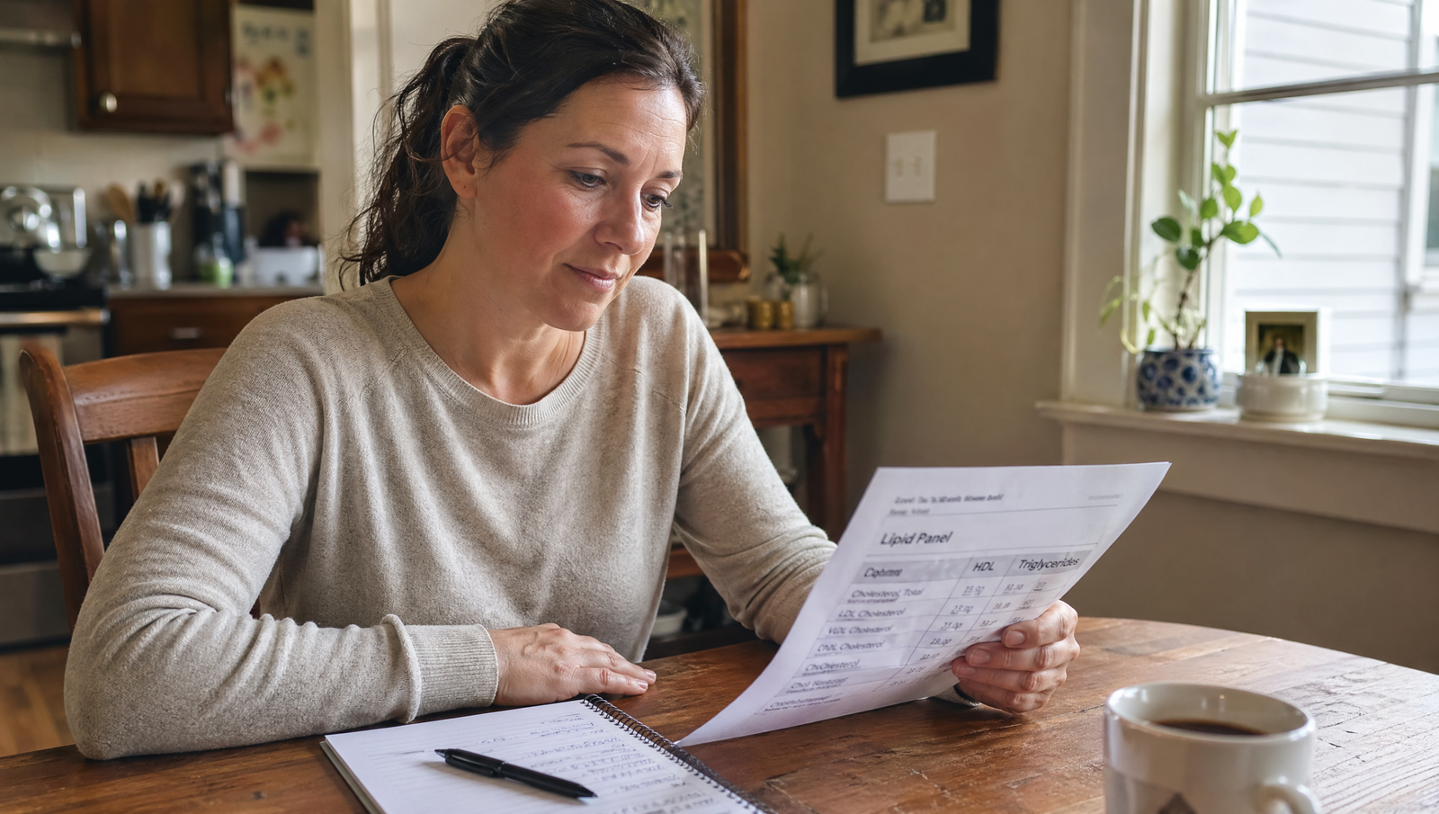 HDL cholesterol and metabolic syndrome — woman reviewing lipid panel lab results at home