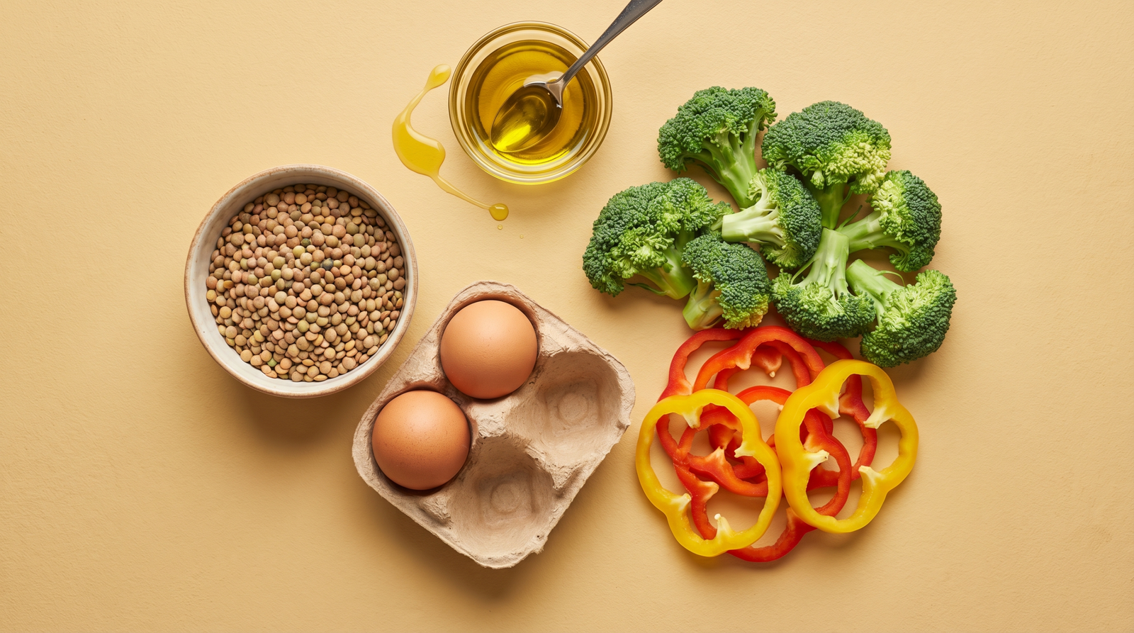 whole food ingredients including lentils, eggs, and vegetables for blood sugar balance